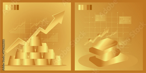 Two-panel gold-themed vector showing investment and financial growth concepts with stacked gold bars, charts, and upward arrows. Perfect for finance and trading designs.