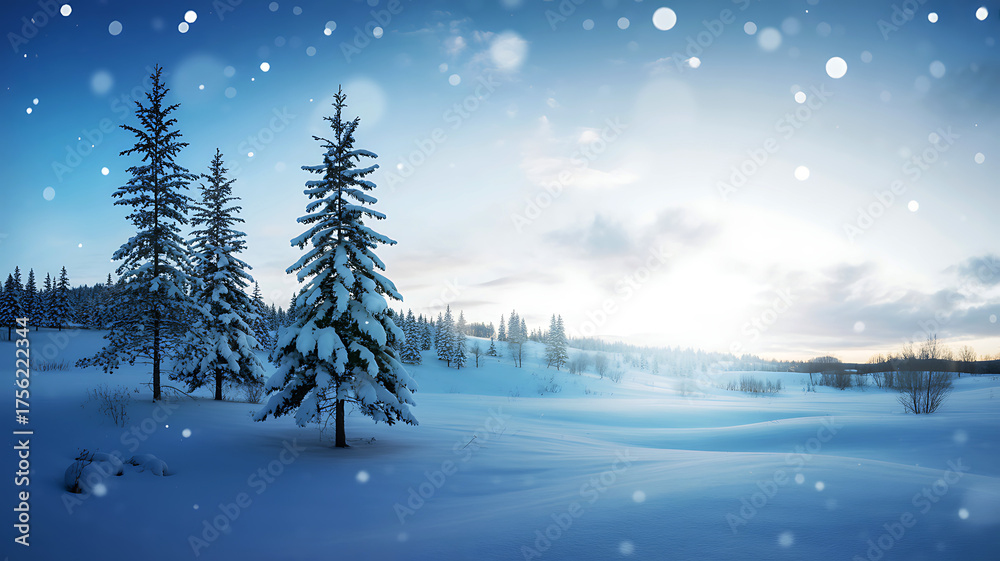 Fototapeta premium Magical winter landscape with snow covered trees and snowy ground at dusk