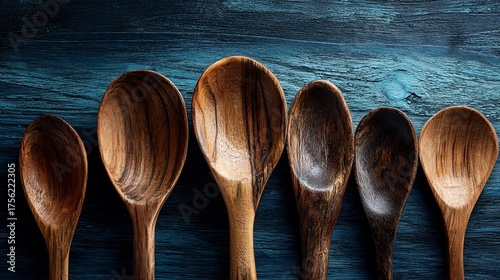 Wooden Spoons Arranged on Dark Blue Wooden Surface in a Row
