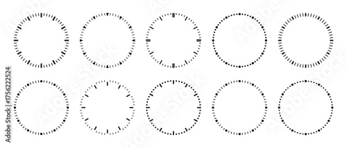 Clock dial scale. Round analog timer watch templates. Hour and second dash marks.