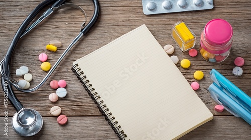 Medical Supplies and Pills on Wooden Table with Notepad and Stethoscope