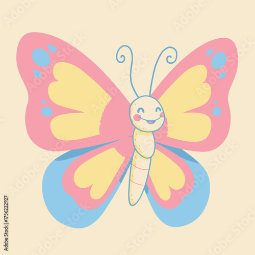 Cute Cartoon Butterfly with Pink Yellow and Blue Wings and Happy Face Keywords: butterfly, cute, cartoon, insect, animal, flying, wings