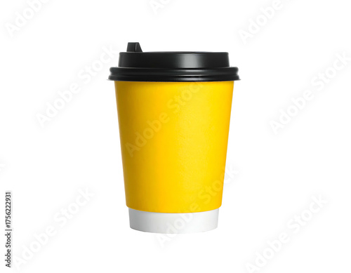 Yellow takeaway coffee cup with a black lid, isolated against a stark black background