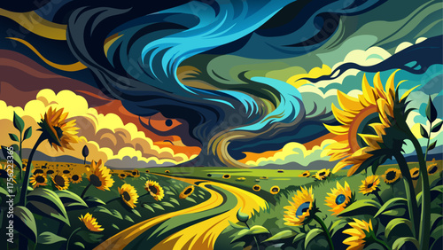 Tornado approaching sunflower fields, bright yellow flowers bending in heavy wind, deep contrast between dark clouds and vivid color of nature