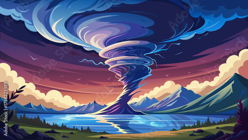 Tornado forming over a lake surface, water rising into spiral shape, dark clouds mirrored on surface, lightning striking in background.