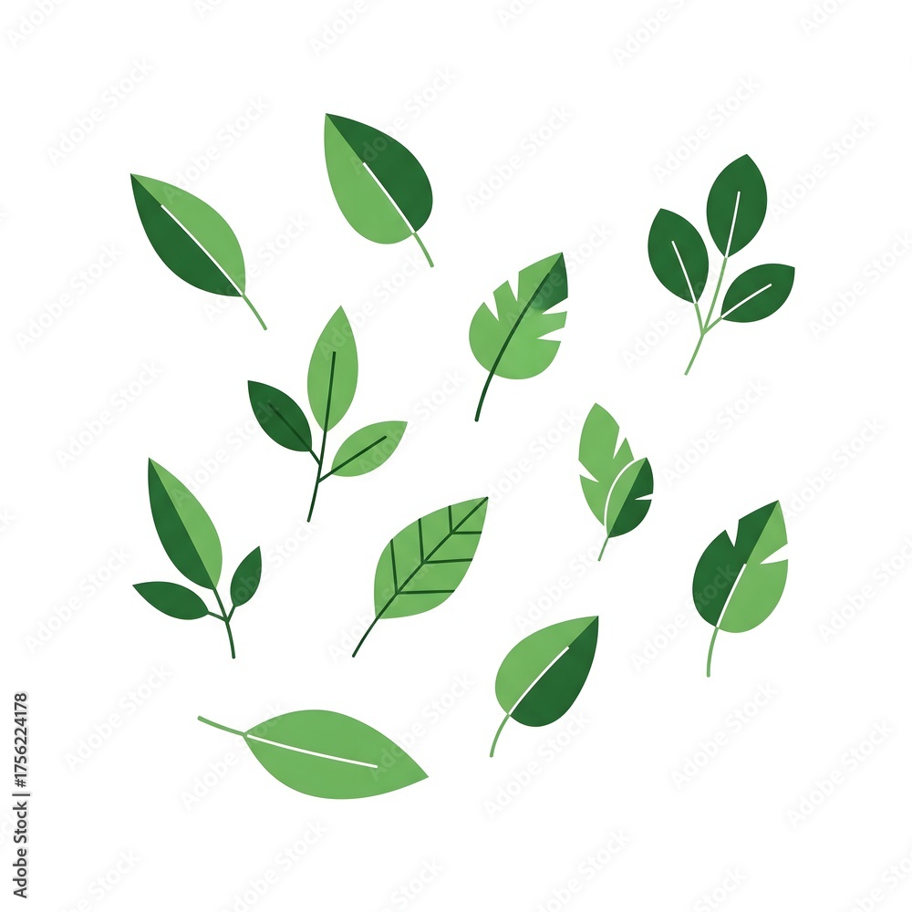 Naklejka premium Collection of green leaves isolated on white background, a simple and clean botanical illustration