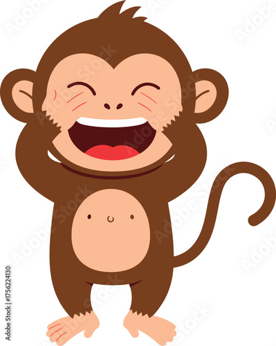 Excited cartoon monkey with hands on cheeks laughing loudly on a white background cute animal