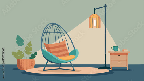 A cozy reading corner with a hanging rattan chair and a floor lamp made from bamboo.