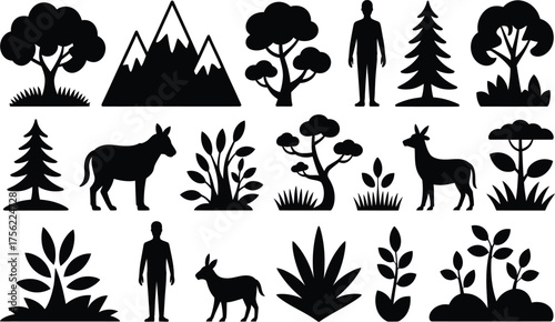 Enchanting nature icons evoke wilderness and simplicity, perfect for eco-friendly designs and outdoor adventure brands, originally designed as a vector graphic