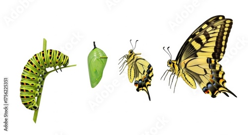 Eastern Tiger Swallowtail Butterfly Life Cycle: Caterpillar, Chrysalis, Emerging, and Adult
