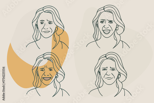 Women face vector, Various facial expression variation set for women in their 40s