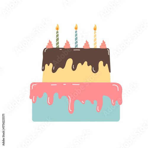 A colorful, two-tiered  birthday cake decorated with dripping icing, piped cream, and burning candles. Decor element for birthday celebrations, party invitations, and sweet treat designs.