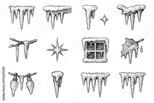 Hand drawn winter elements with snow-covered icicles and frosty designs