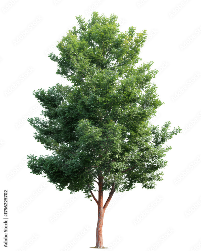 Fototapeta premium Majestic Tree in Full Bloom: A vibrant and healthy tree, showcasing lush green foliage and robust trunk, stands tall against a clear sky, representing the beauty and resilience of nature.