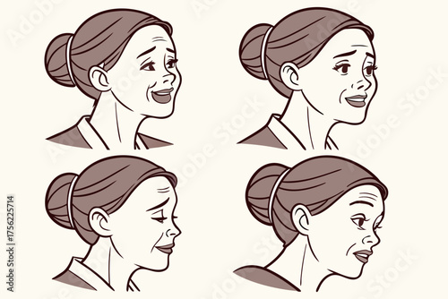 Women face vector, Various facial expression variation set for women in their 40s