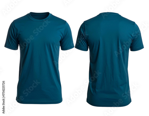 Front and back view of a teal-colored crew neck short-sleeved t-shirt on a black background