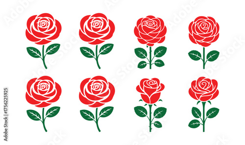 Red Rose Flower Vector Set with Stems and Leaves, Elegant Floral Design Elements