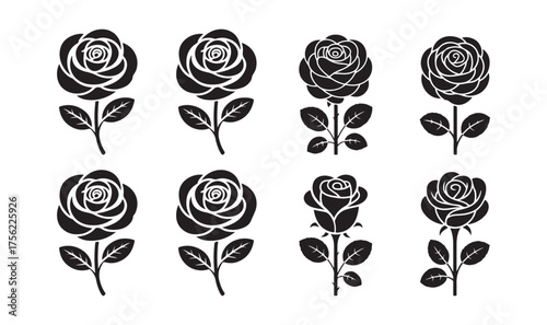 Black Rose Silhouette Vector Set with Stems and Leaves, Elegant Floral Design
