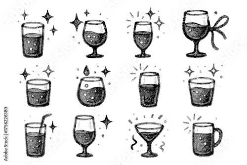 Sparkling chalk-style beverage icons with festive elements