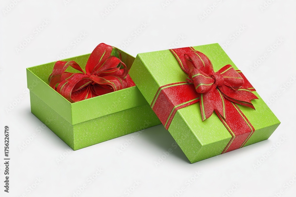Obraz premium Bright green gift boxes with red ribbons ready for celebration or special occasion