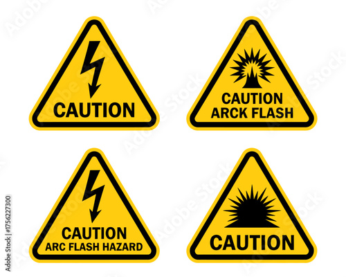 Arc Flash Hazard Warning Signs Collection in Yellow Triangles Caution High Voltage Electricity Hazard Laser Beam Hazard Safety Measures for Industrial Sites