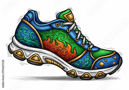 Vibrant Artistic Running Shoe with Fiery and Floral Designs.