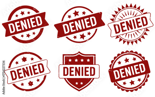 Various Denied Stamp Designs in Maroon Color Illustration Representing Rejection and Unsuccessful Transactions