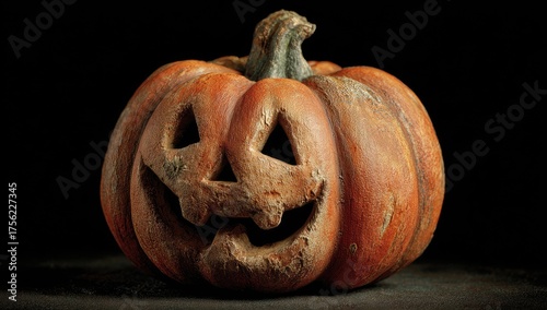 Orange Halloween Pumpkin With Carved Spooky Face and Glitter Accents Isolated on a Dark Black Background With Dramatic Lighting