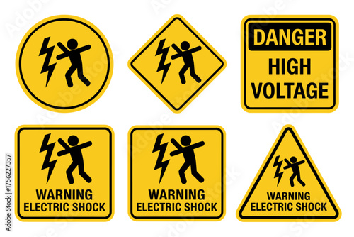 Set of Electric Shock Warning Signs in Various Shapes and Colors on White Background Safety First Concept