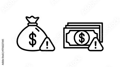 Financial risk and warning signs represented by a money bag and stack of banknotes alerting to potential investment hazards and instability