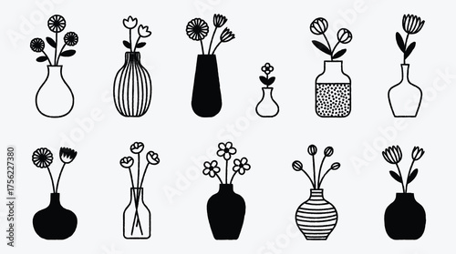 Collection of Flowers in Vases Vector Illustration Black and White Style