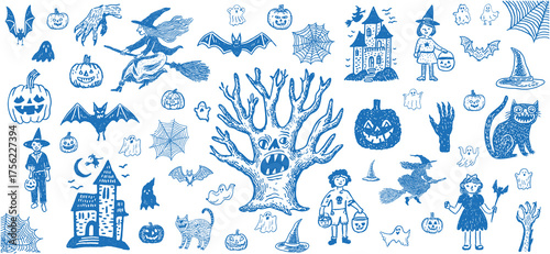 Big vector collection of Halloween graphic elements in trendy hand-drawn doodle style. Cute spooky characters, objects, icons. Pencil sketch illustration set. Halloween pumpkins, ghosts, bats, cats