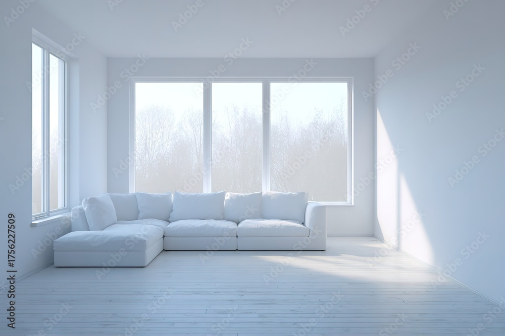 Fototapeta premium Bright and spacious living room with large windows and cozy white couch