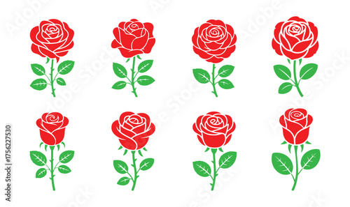 Rose Blossom Collection, Red and Green Botanical Vector Illustration