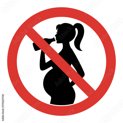 No Alcohol During Pregnancy Symbol Emphasizing Responsible Choices for Healthy Baby and Mother Depicted in Silhouette and Red Prohibition Sign