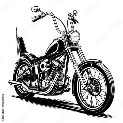 Detailed Line Art Illustration of a Custom Chopper Motorcycle with High Handlebars and Sleek Design Classic American Biker Culture