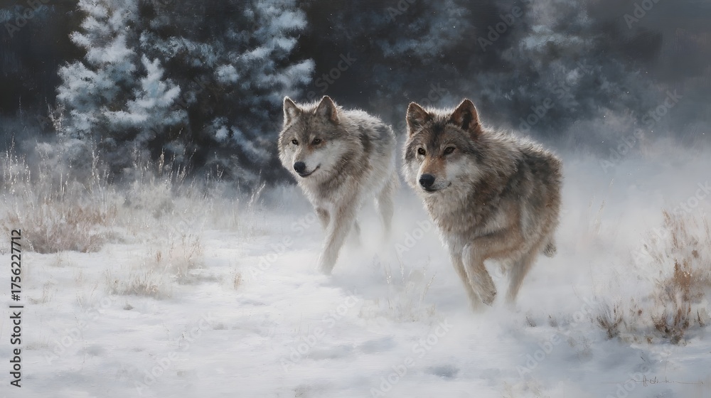 Fototapeta premium Two wolves run together through a snowy winter landscape with trees and dry grass in the background