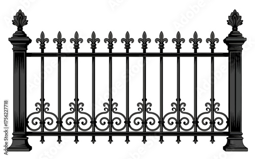 Elegant Black Iron Fence Illustration with Fleur de Lis Decorative Elements a Timeless Architectural Detail