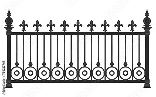 Elegant Black Metal Fence Isolated on White Background Architectural Detail and Ornamental Ironwork for Design and Security