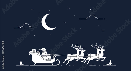 Santa christmas reindeer sleigh night moon stars gifts holiday winter eve