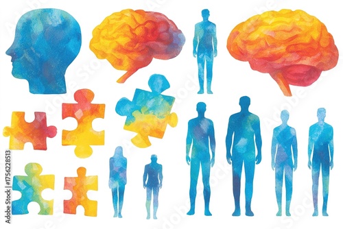 Colorful watercolor illustrations of human figures, brains, and puzzle pieces symbolizing cognitive processes