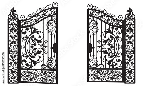 Elegant Open Wrought Iron Gate with Intricate Scrollwork Design