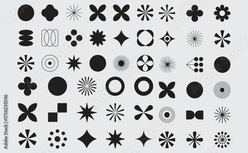 abstract geometric shapes and symbols in black and white, minimal modern design elements for branding, posters, and digital compositions