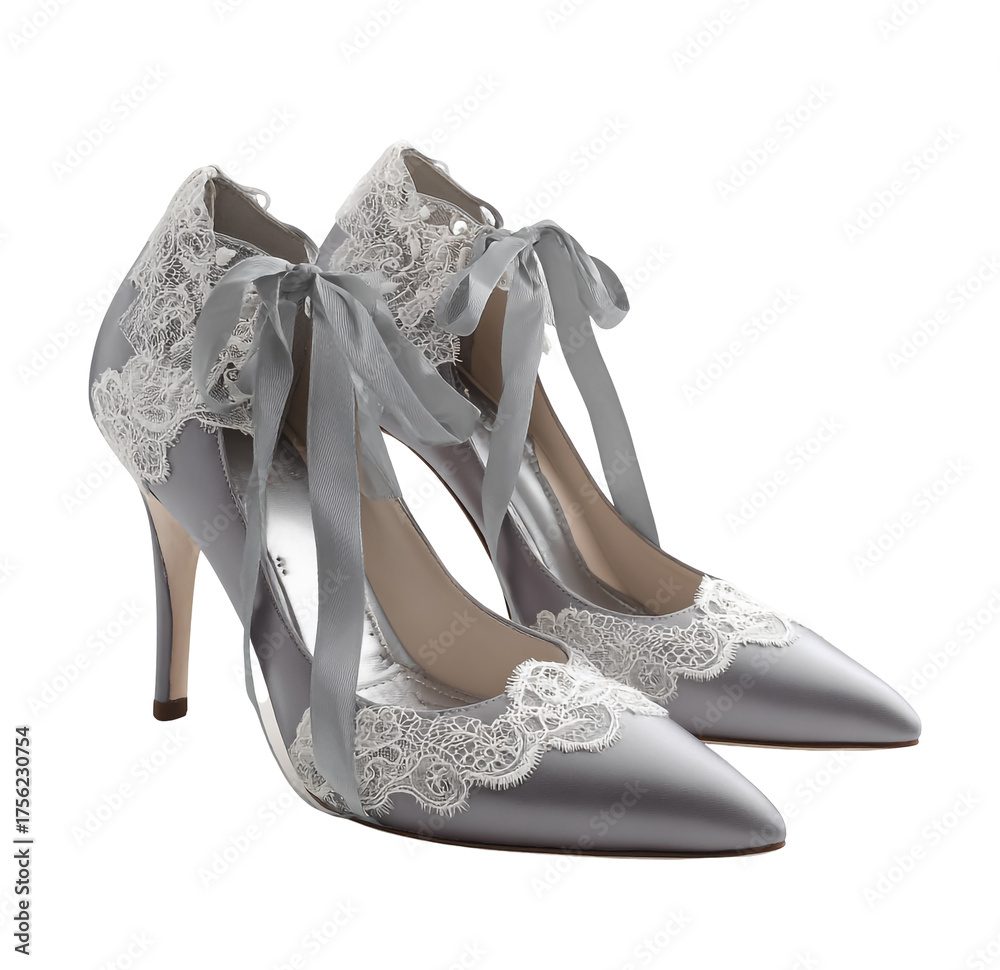 Obraz premium Elegant satin wedding shoes isolated on transparent background, adorned with delicate lace and ribbon, perfect for a bride on her special day