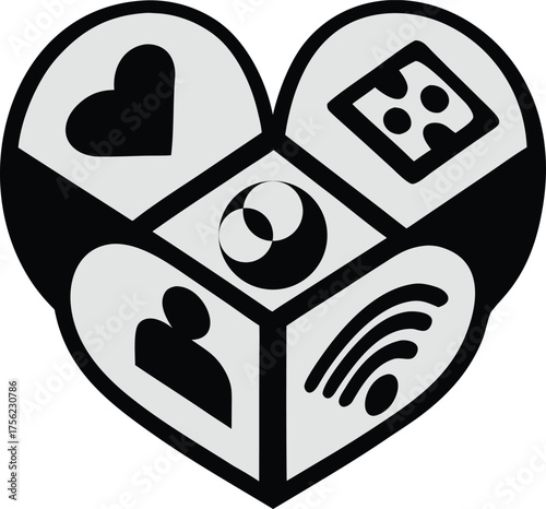 Heart shaped gift box with happy cartoon dog face and paw icons vector illustration