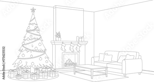 Christmas tree fireplace gifts presents stockings sofa living room holiday home