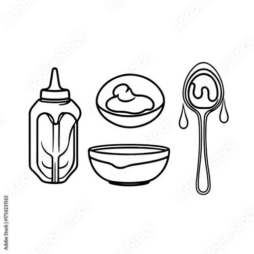 A collection of icons for sauces, dressings, and condiments. This vector set shows a plastic squeeze bottle, a small dipping bowl, and a spoon dripping with a thick sauce, ideal for culinary graphics.