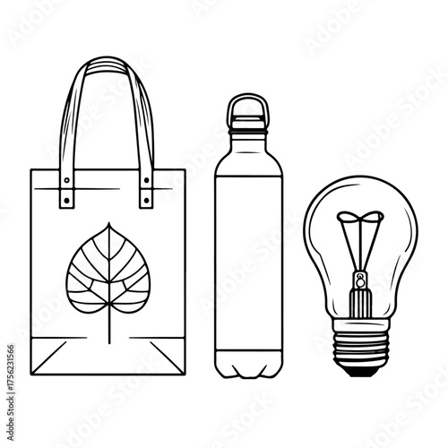 A set of icons representing a sustainable and eco-friendly lifestyle. This vector collection includes a reusable tote bag, a water bottle, and a lightbulb with a leaf, symbolizing green ideas and zero