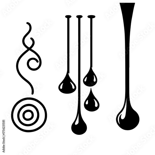  A collection of modern and elegant abstract design elements. This vector set features artistic swirls, liquid drop shapes, and decorative ornaments perfect for creative graphic design and branding pr