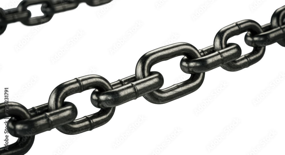 Obraz premium Ultra-macro close-up of polished steel industrial chains, taut under extreme tension on transparent, chiaroscuro lighting. Concept of industrial power